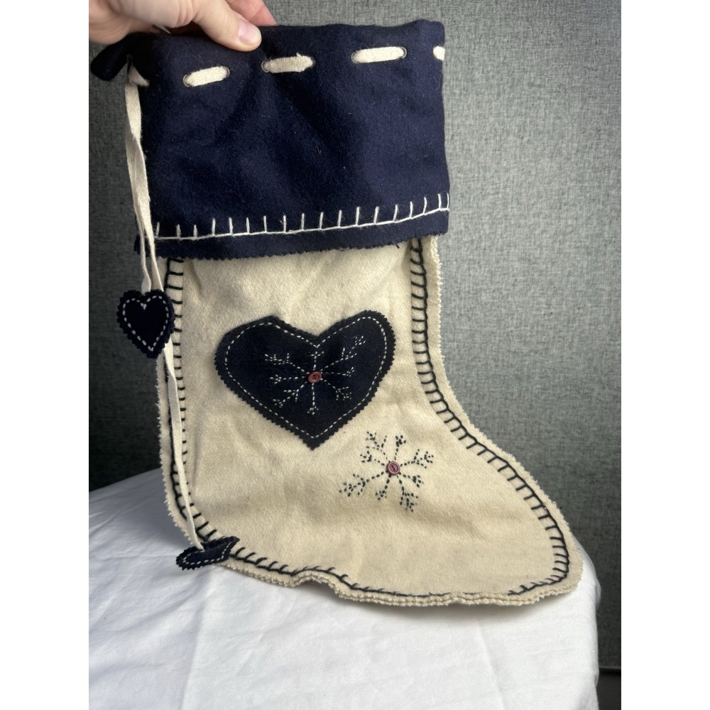 Wool Blend Christmas Stocking Scandinavian Folk Art Blue White‎ Snowflake Heart